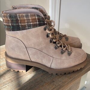 True Craft Tan Lace Up Boots with Plaid Cuff